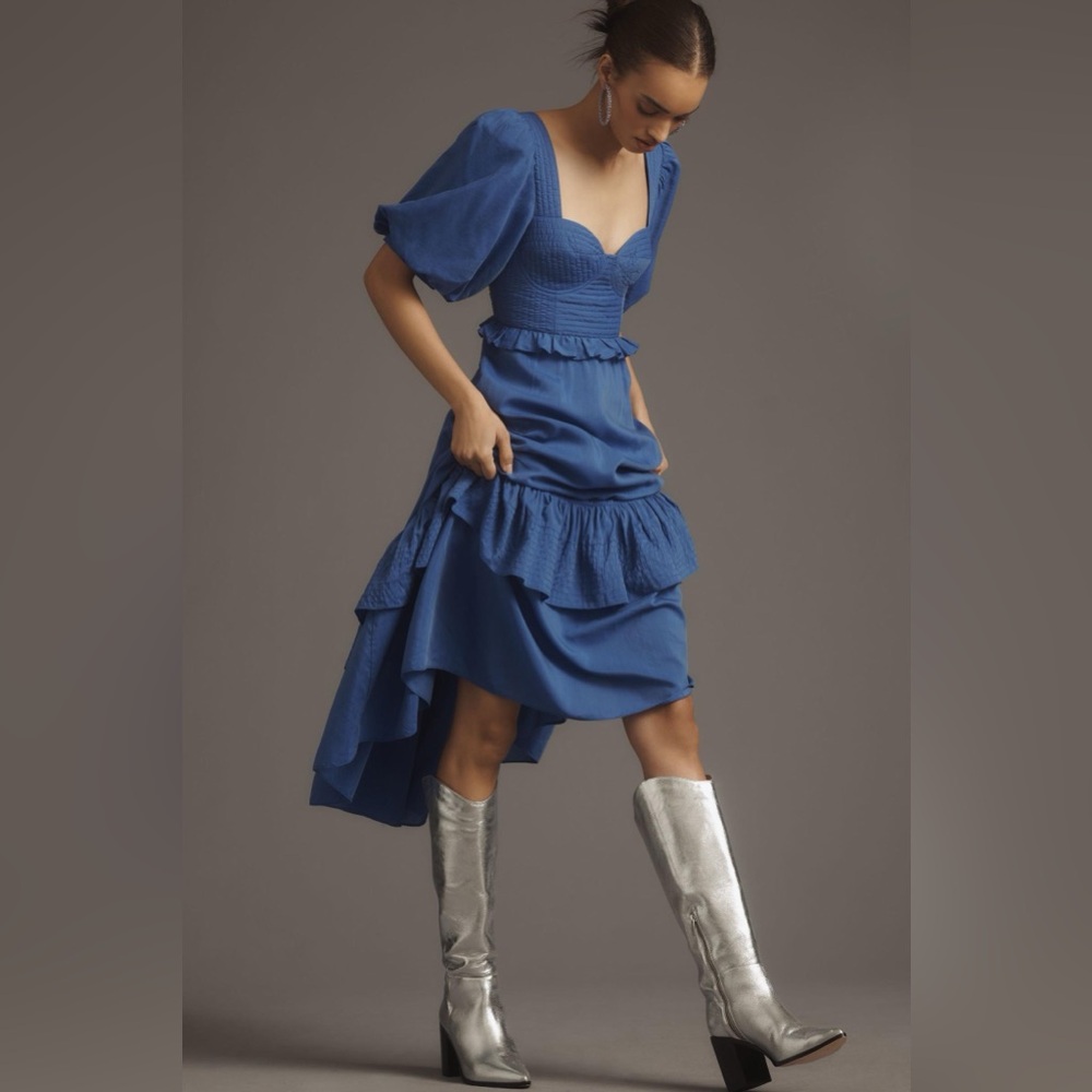 FARM Rio Royal Blue Puff-Sleeve Midi Dress